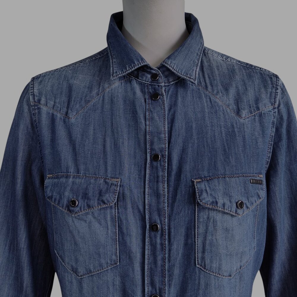 Diesel Western Distressed Chambray Snap Front Cotton Thin Soft Denim Shirt Sz S - Picture 5 of 11